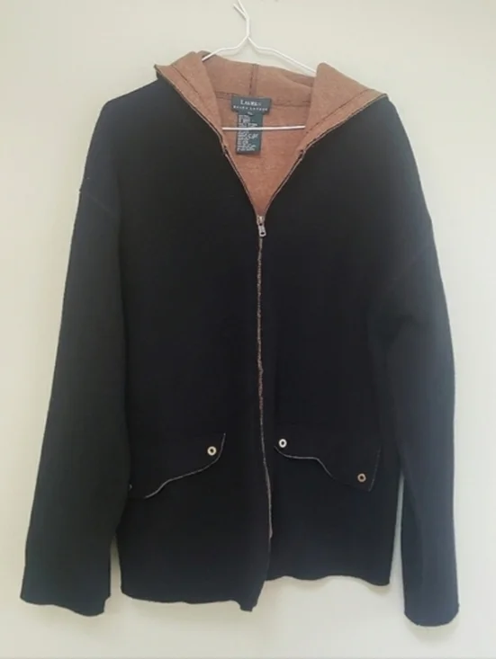 Lauren by Ralph Lauren Black Wool Jacket with Camel Interior & Hood XL - GUC - Picture 2 of 8